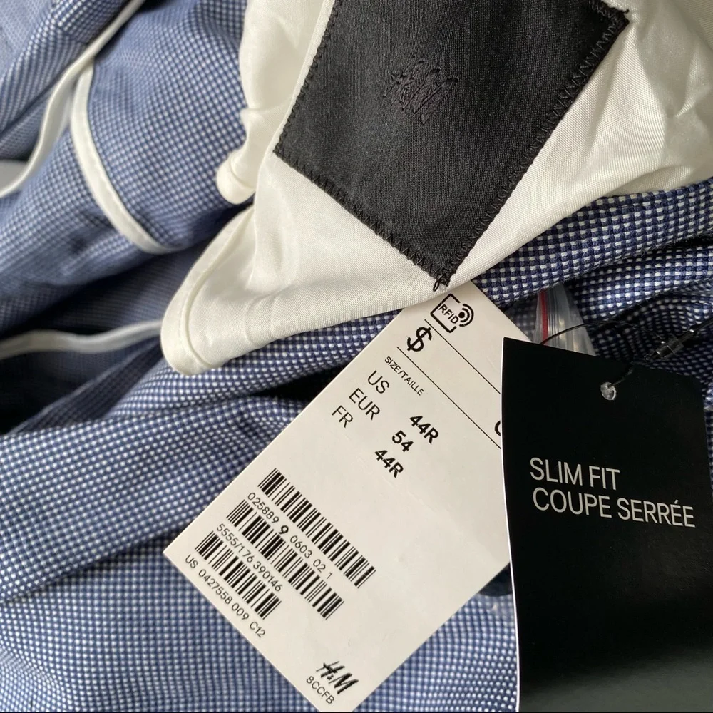 NWT H&M Men's Blue Slim Fit Elbow Patch Blazer Jacket Size 44 - Picture 2 of 5
